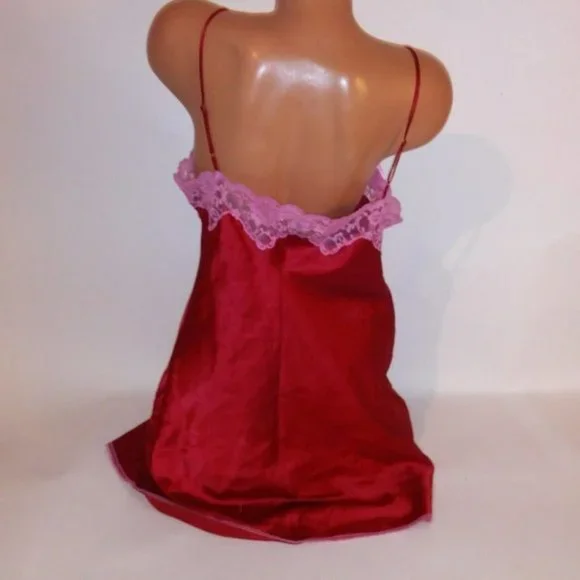 Victoria Secret Lingerie Chemise Slip Large Red Pink Satin Lace Trim Side Slit R